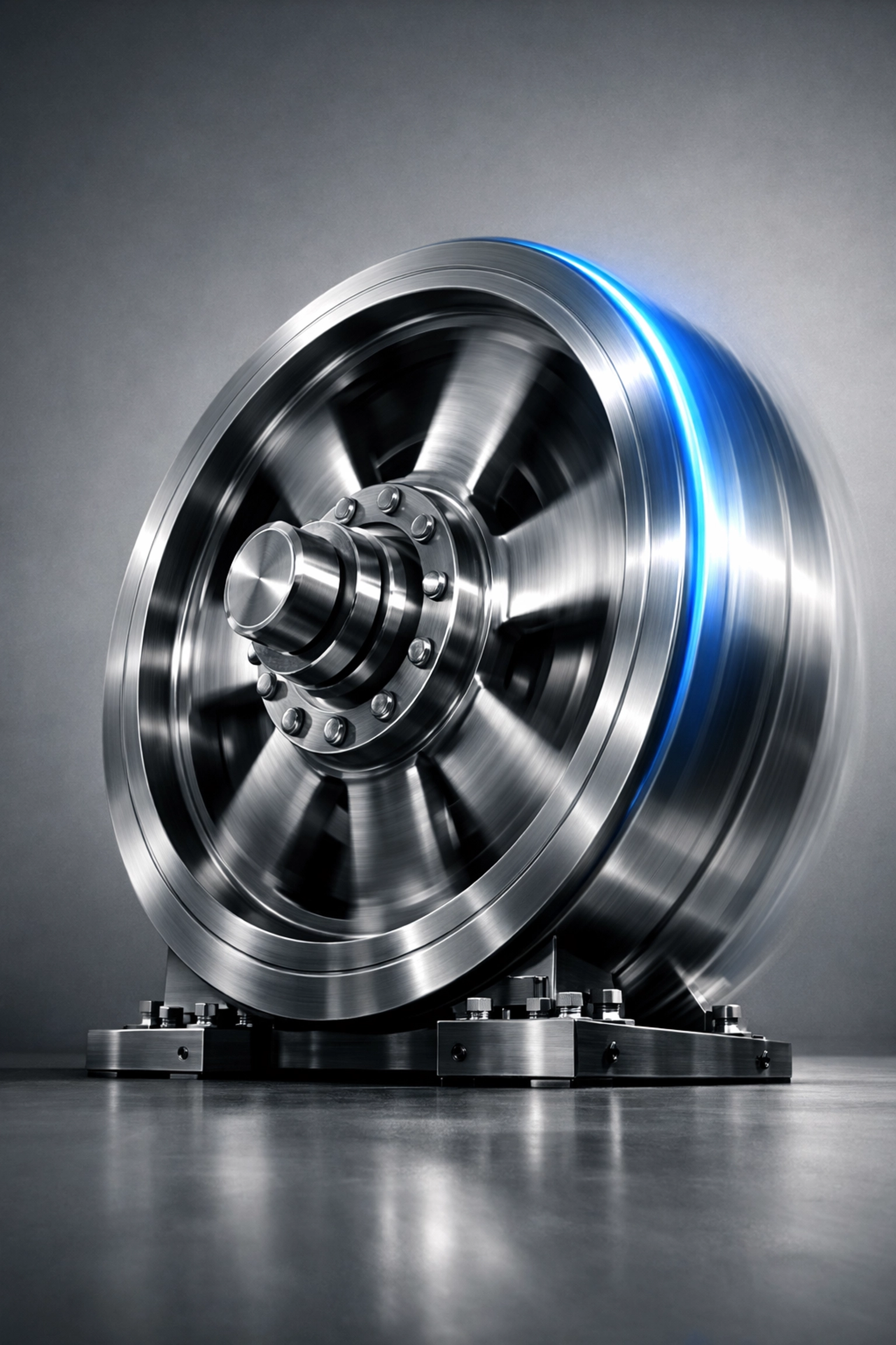 A powerful spinning industrial flywheel representing the momentum of a family debt freedom plan.