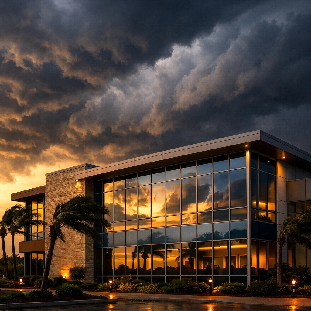 Gulf Coast commercial building with storm clouds approaching and palm trees