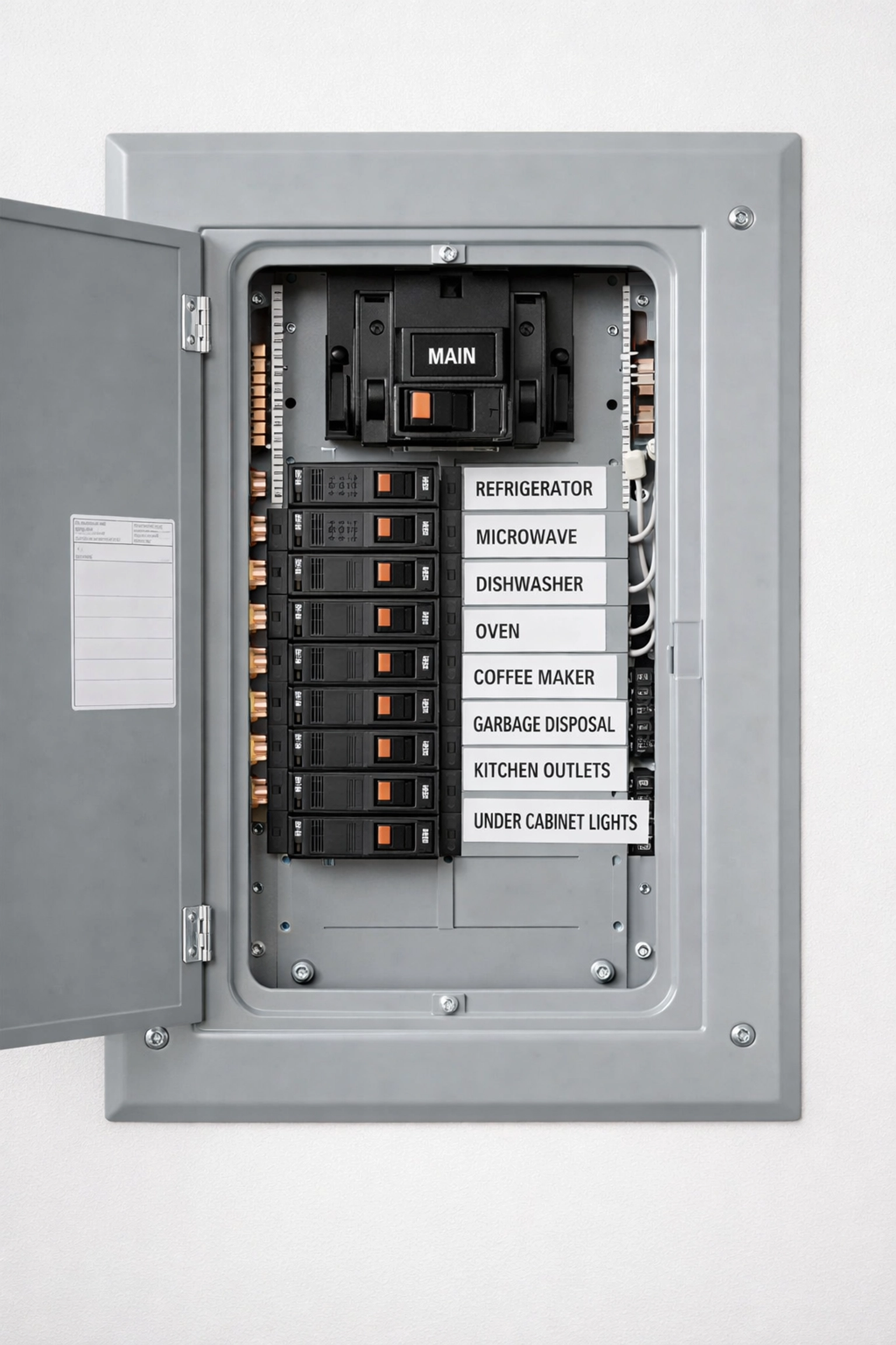 Organized electrical panel with labeled circuit breakers for kitchen appliances