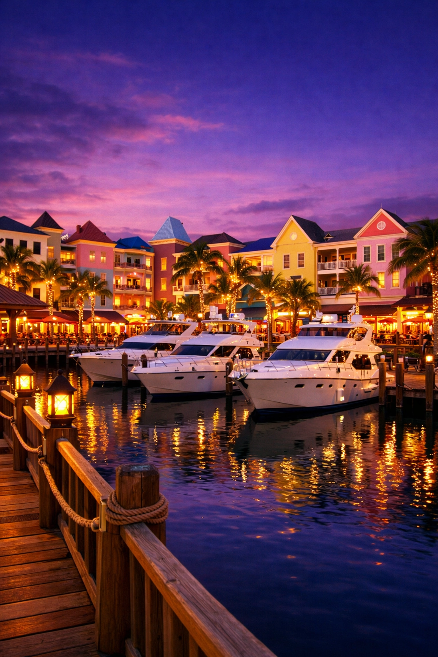 Night view of the illuminated Marina Village and luxury yachts at Atlantis Paradise Island.