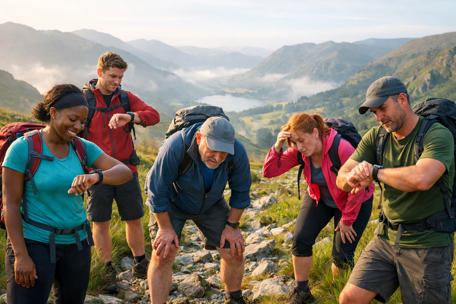 Hikers assessing their fitness levels on a Lake District mountain trail during a guided hike