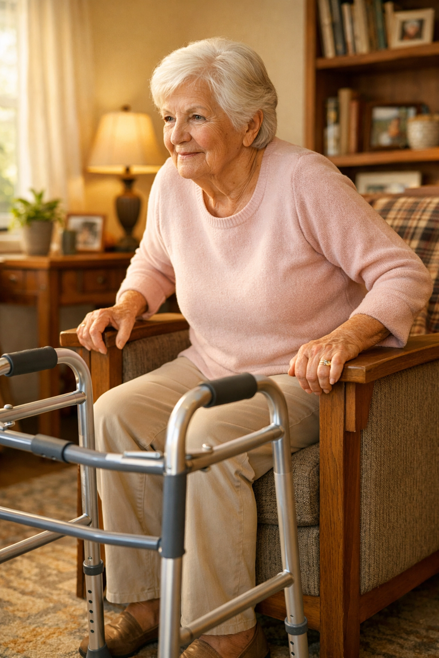 Senior pushing up from chair armrests to stand safely before gripping a walker.