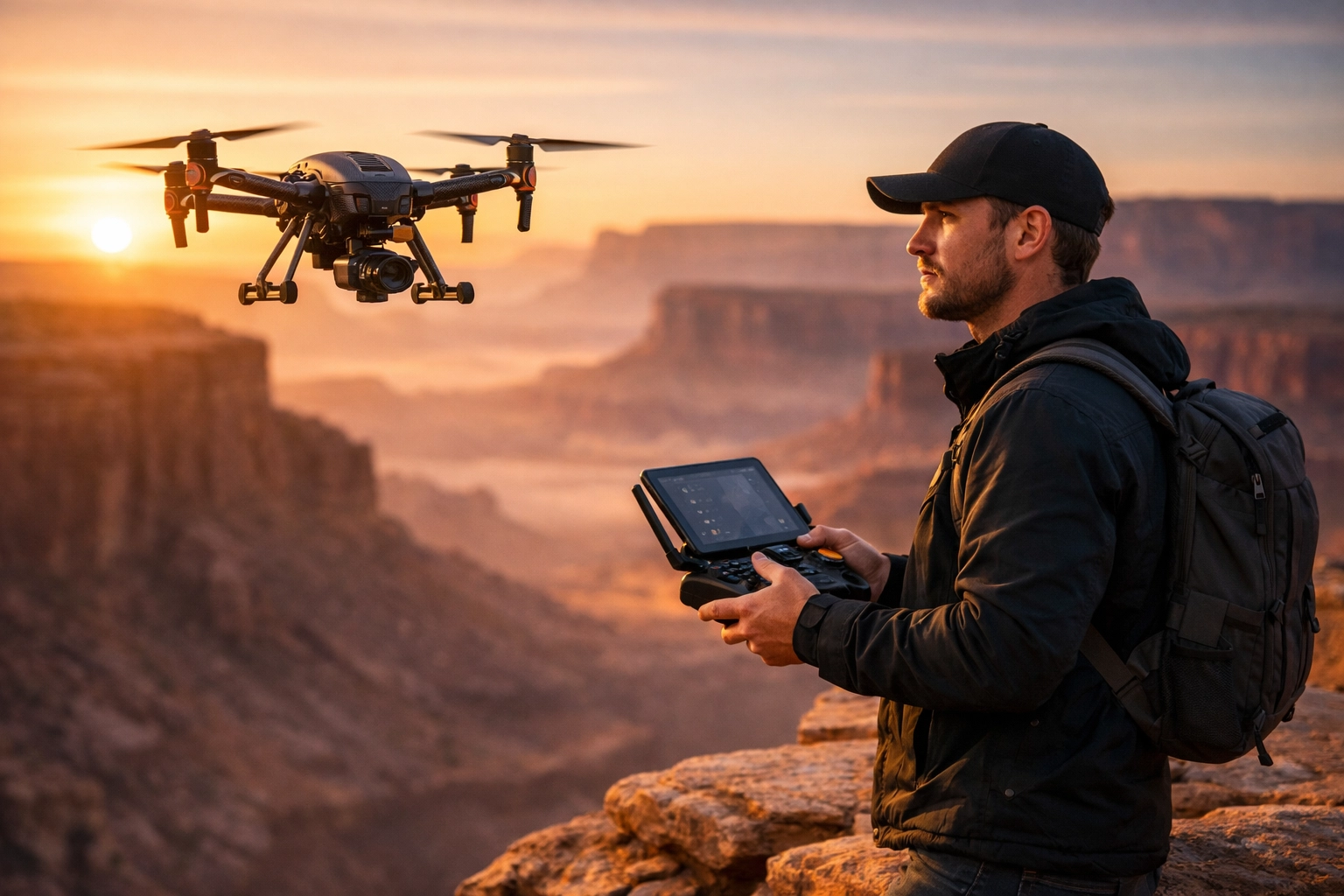 Professional pilot preparing a drone for an ash scattering ceremony over a scenic US canyon at sunrise.