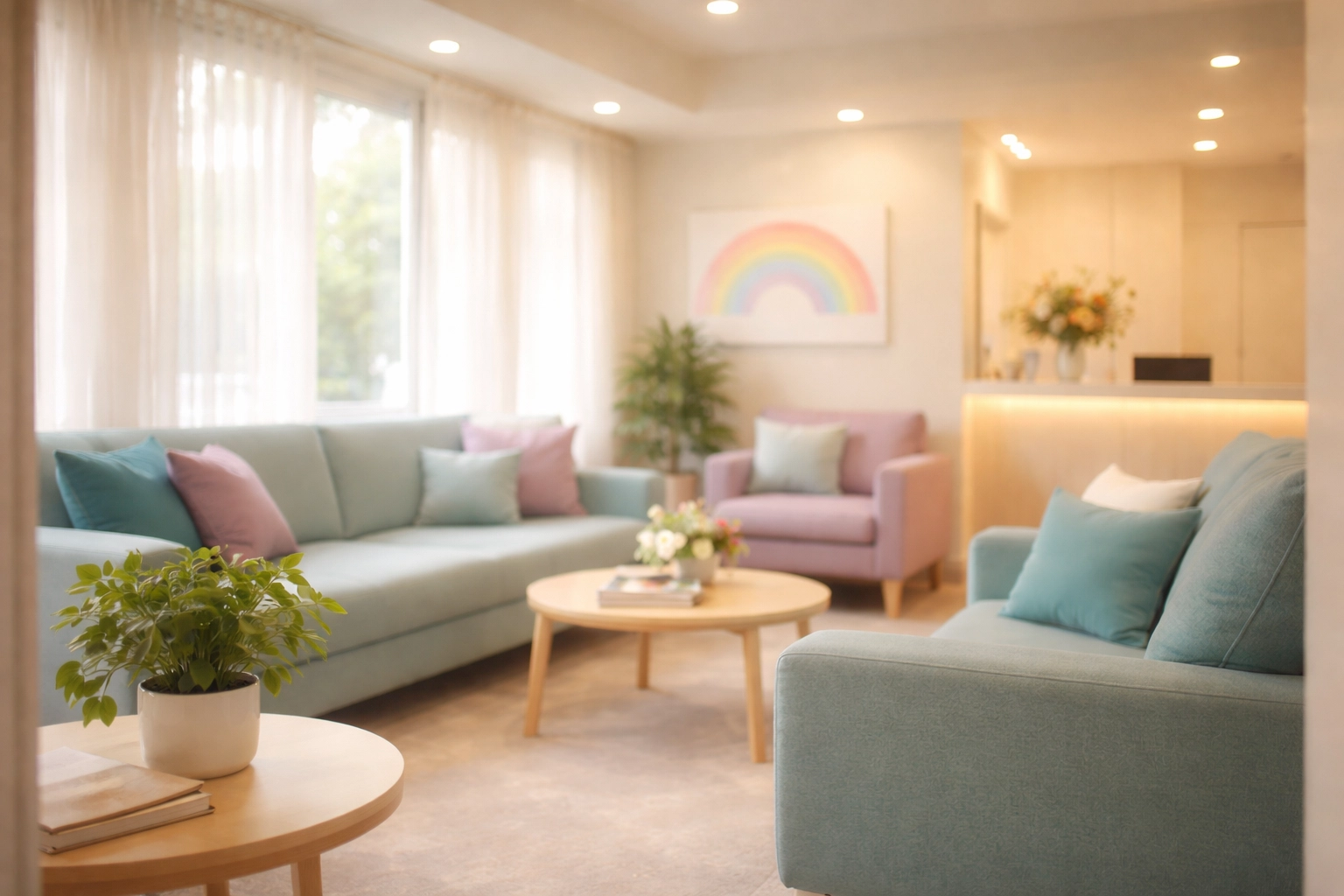 A welcoming dental office waiting room with inclusive décor and vibrant accents, reflecting trans-friendly oral healthcare.