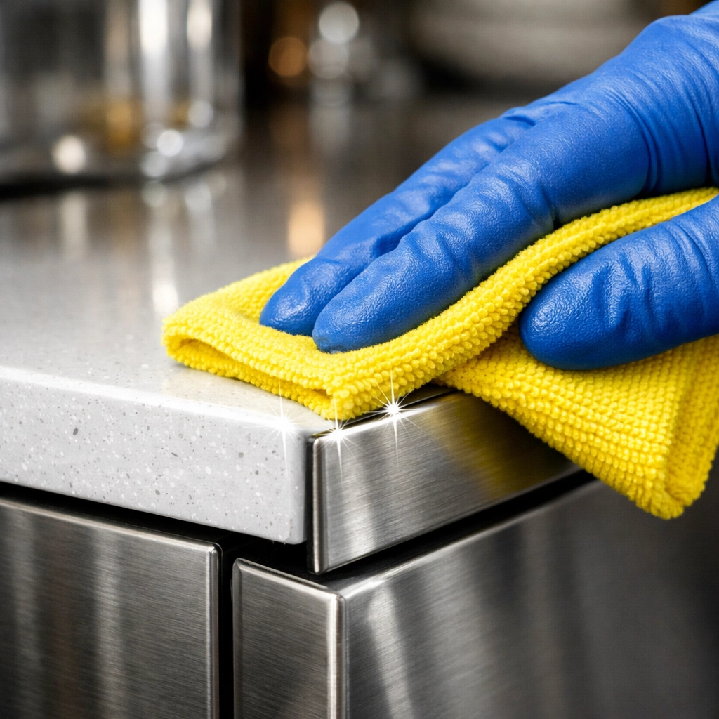 Detail of deep cleaning a white quartz countertop for a professional Boston apartment turnover service.