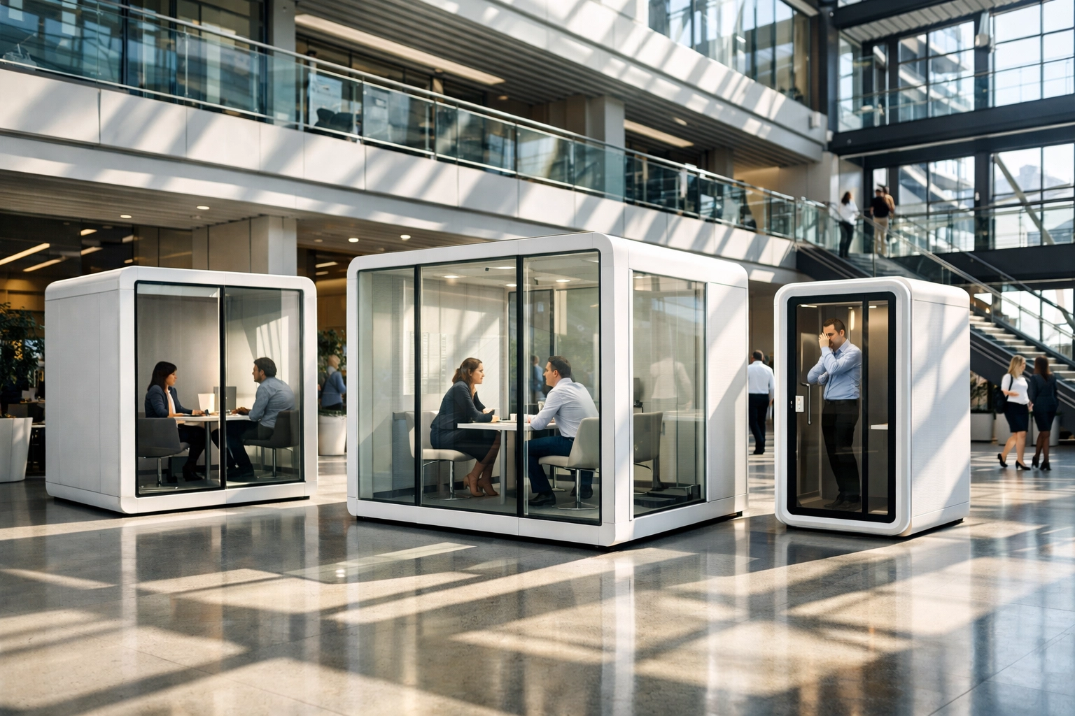 Modular minimalist pod units in a modern corporate atrium highlighting cost-effective physical infrastructure.