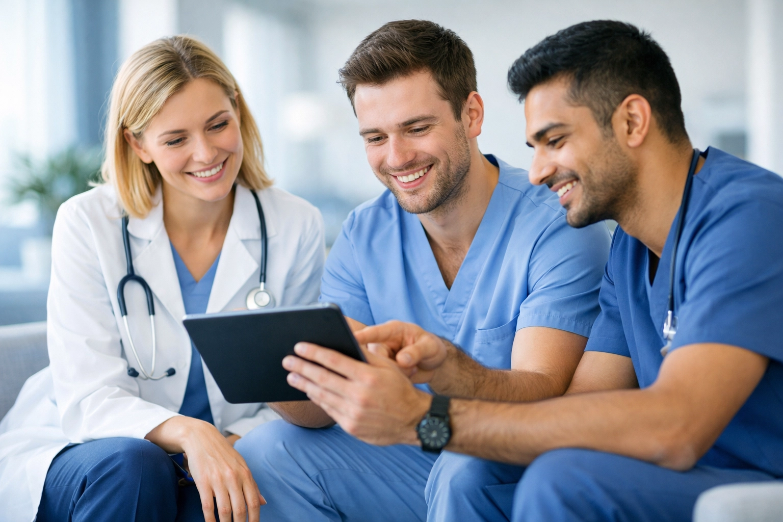 Confrères médecins partageant des outils numériques et avantages exclusifs du club.