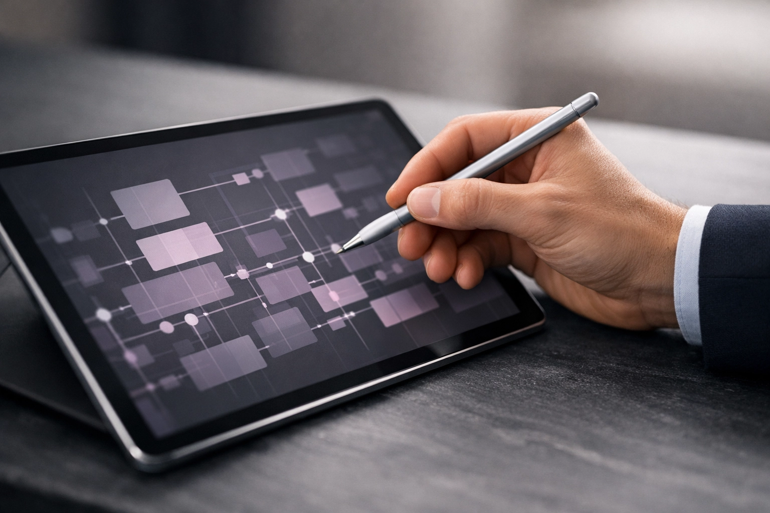 Person using a stylus on a tablet to organize business processes, improving operational efficiency with digital tools.