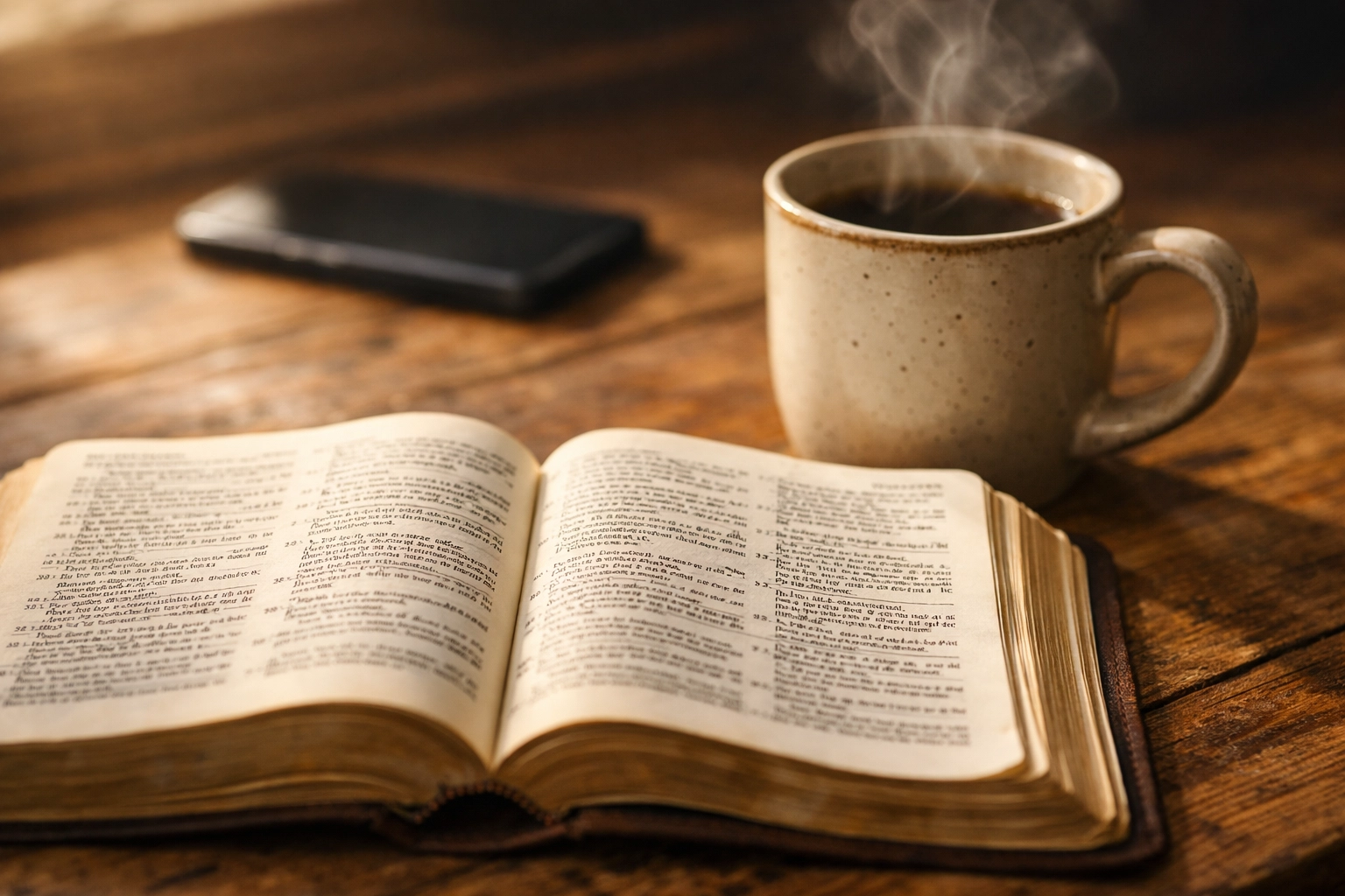 An open Bible and coffee on a wooden desk with a phone face down to prioritize God's word over news.