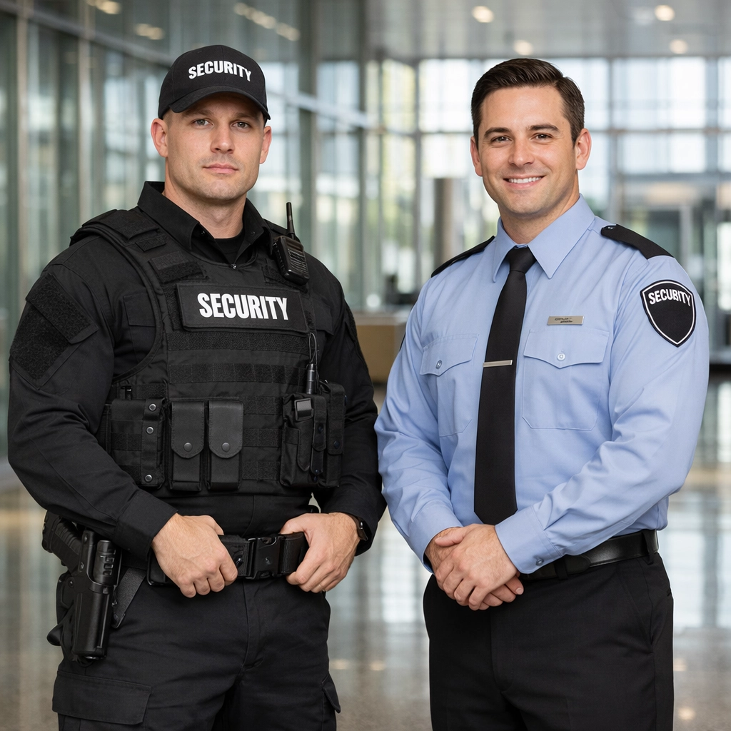 Armed and unarmed security guards standing in corporate lobby