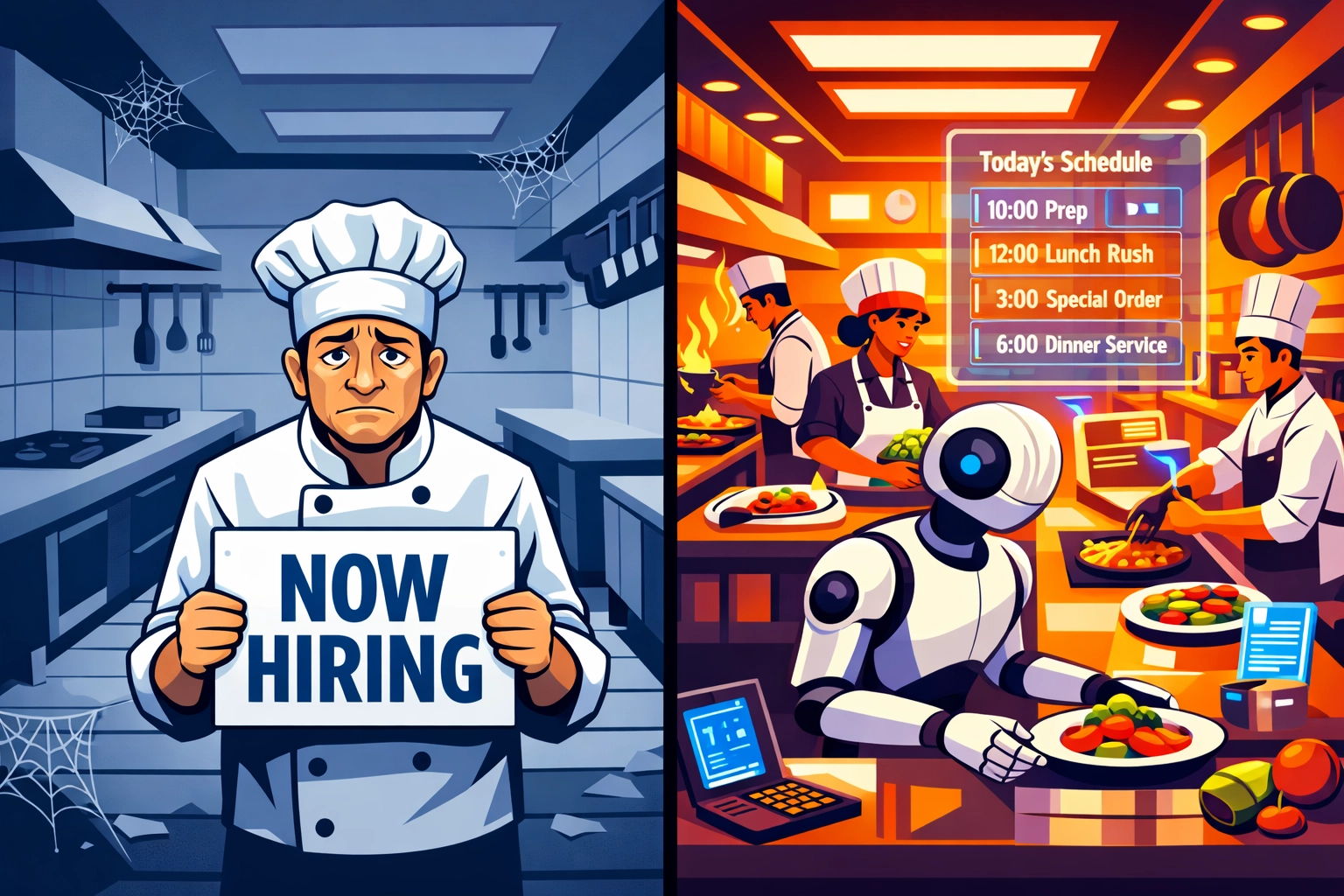 Restaurant labor shortage contrast: empty kitchen with hiring sign versus modern tech-enabled kitchen