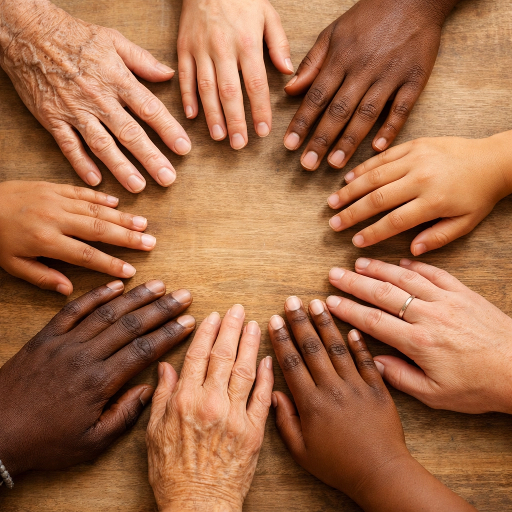 Diverse hands reaching together in circle showing community support when processing daily news