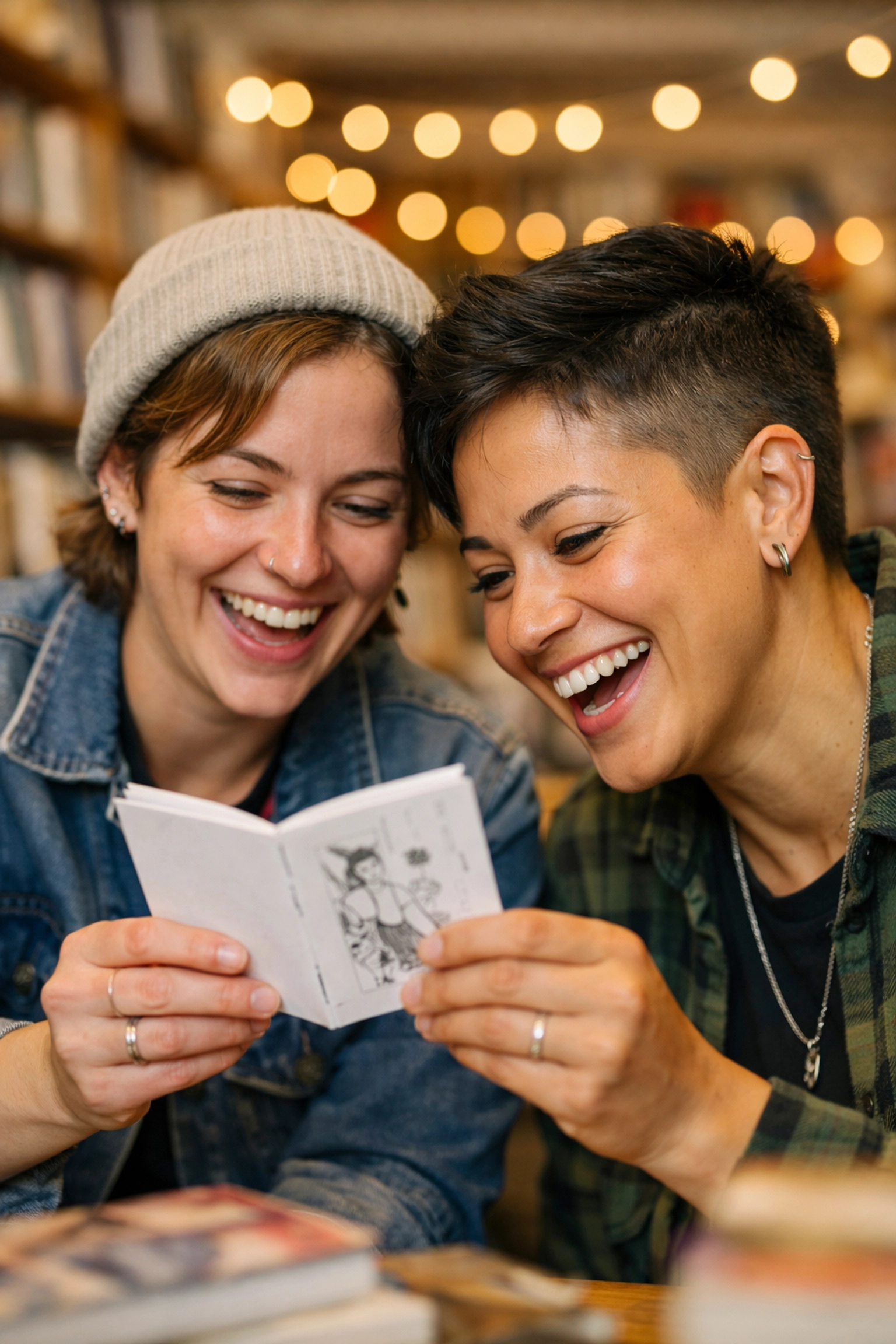 Two lesbian women smiling while sharing a handmade zine in a bookstore full of gay fiction books.