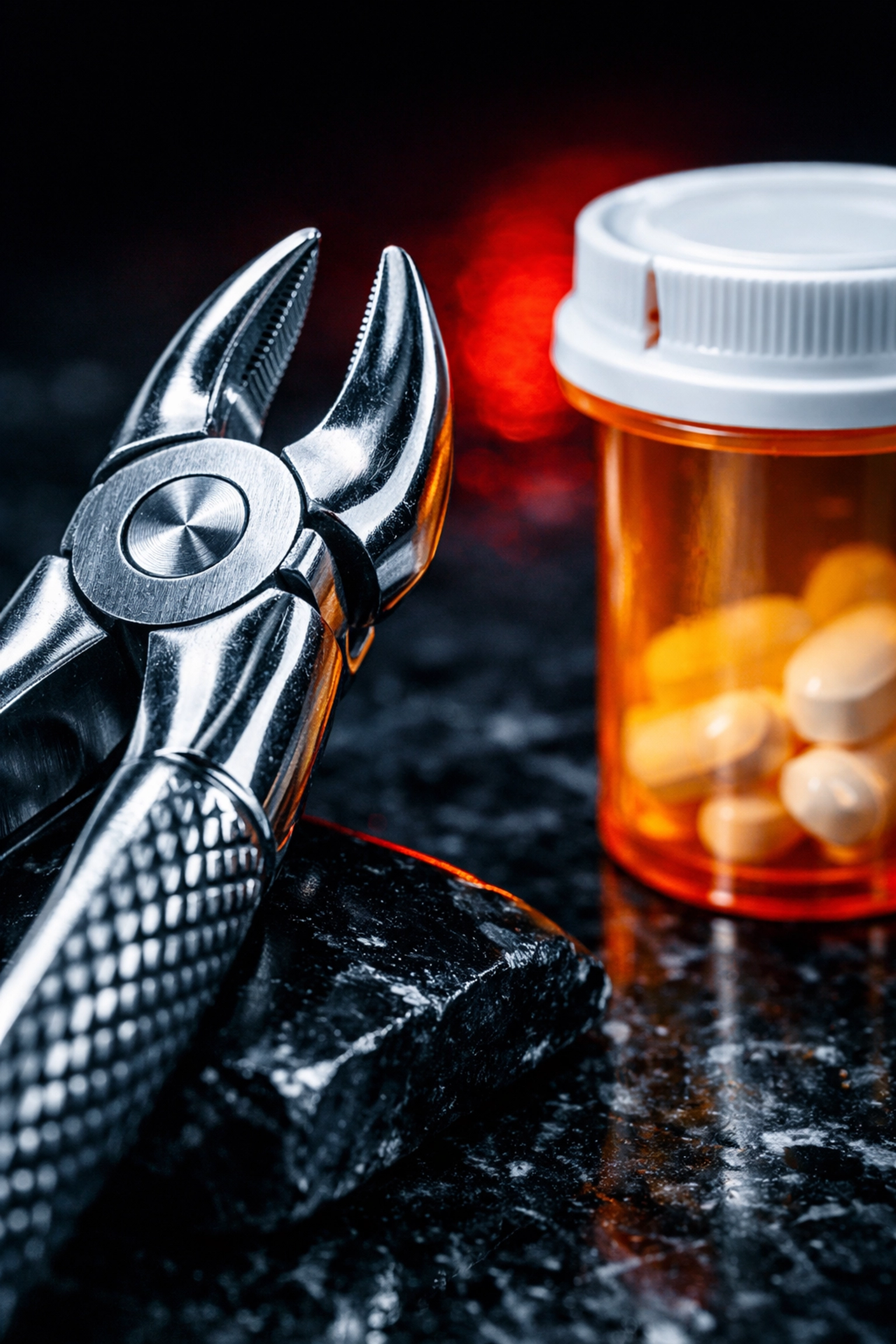 Prescription pill bottle and dental forceps representing new copayments for refugees and asylum seekers.