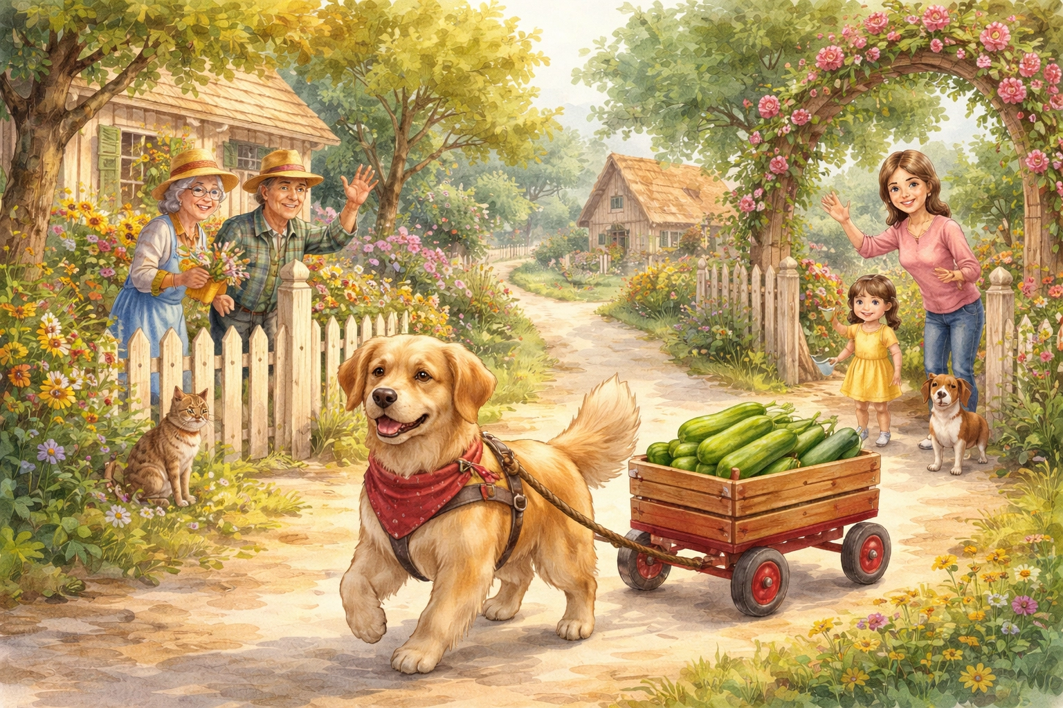 Happy friendly family dog pulling a wagon full of zucchinis while neighbors wave along a village lane