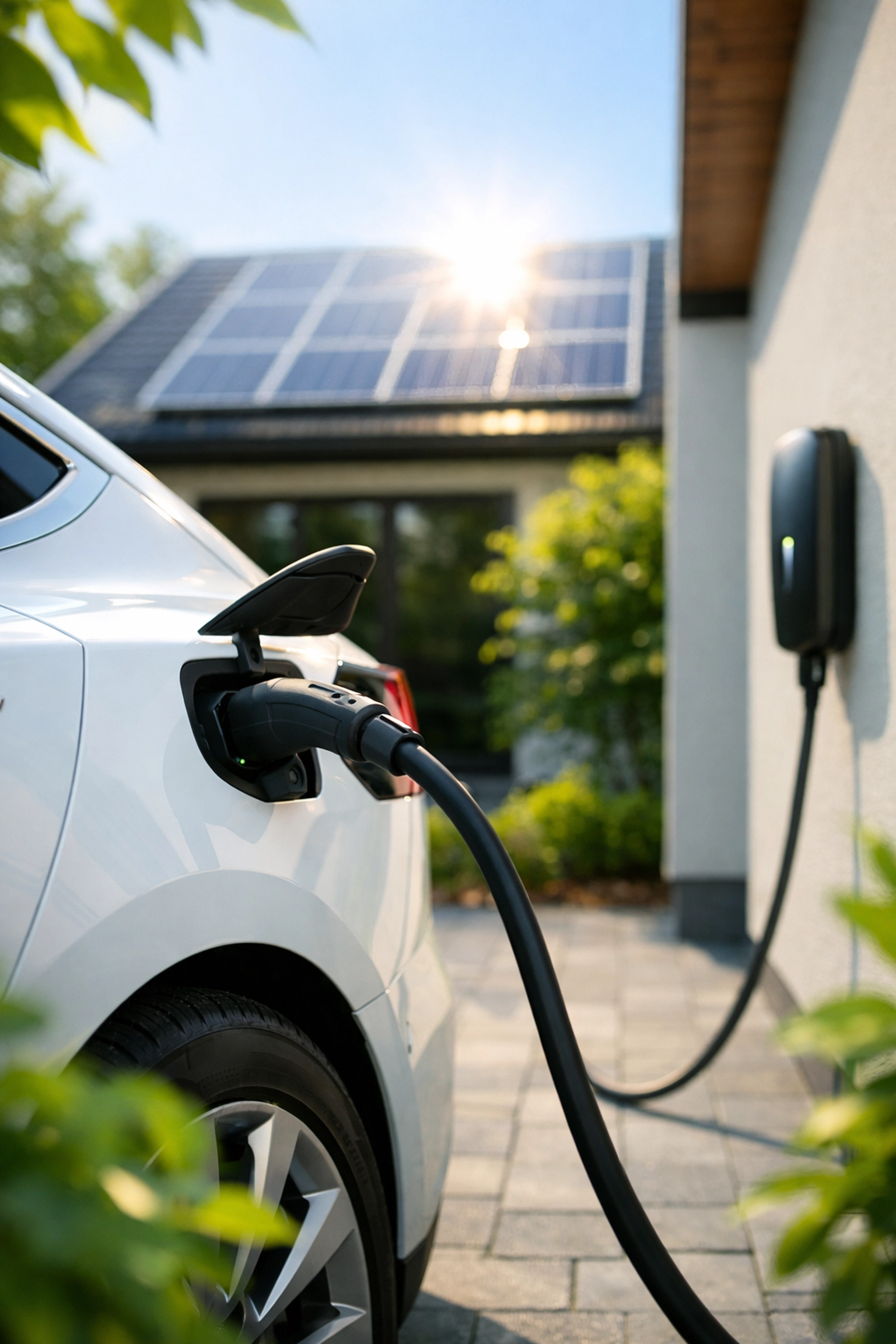 Electric vehicle charging on a home driveway using renewable energy from rooftop solar panels.