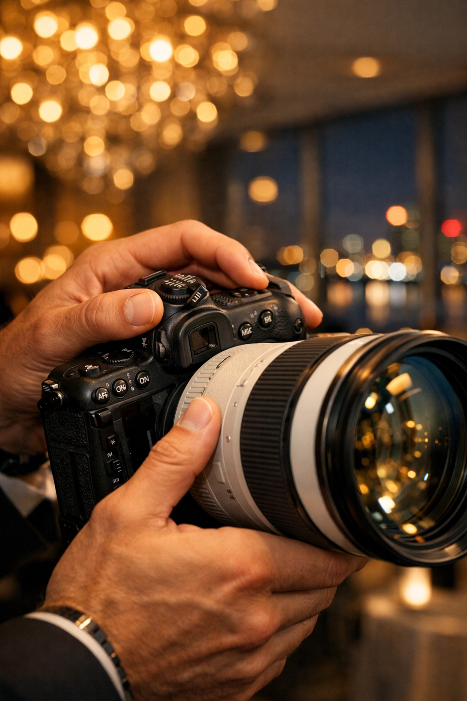 Professional event photographer Miami adjusting camera gear for high-quality corporate gala photography.
