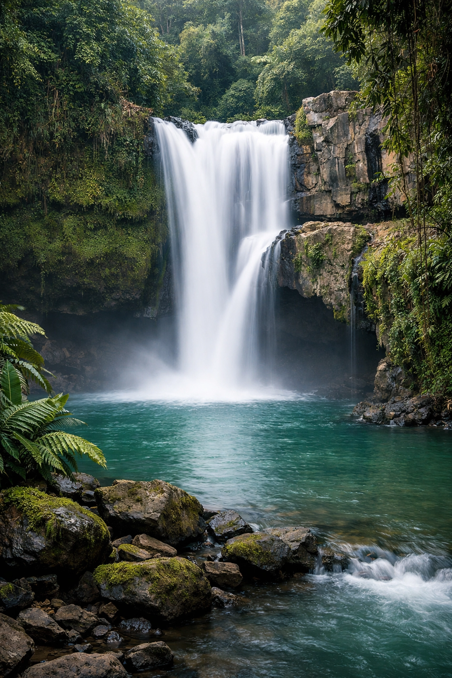 Long-exposure of Tegenungan Waterfall, a premier photo spot for Bali travel photography.