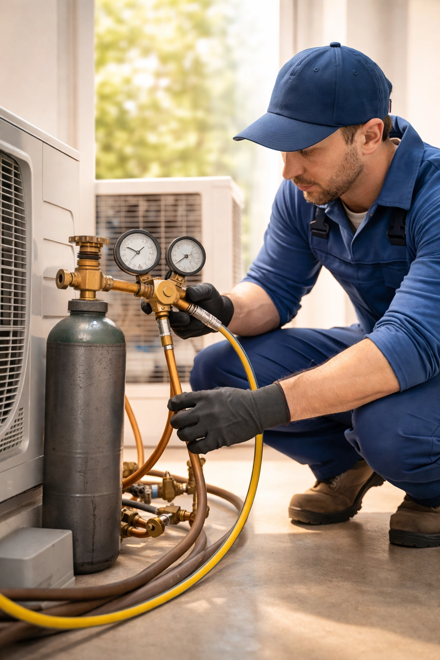 HVAC technician connecting nitrogen cylinder to air conditioning pipework for leak testing and purging