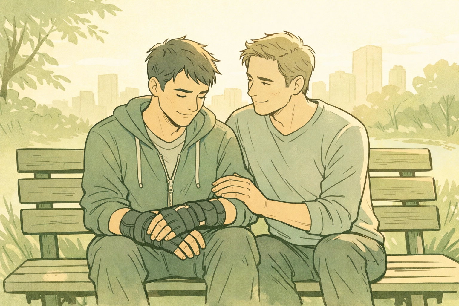 Two men on park bench supporting recovery and healing - hopeful MM romance with emotional depth