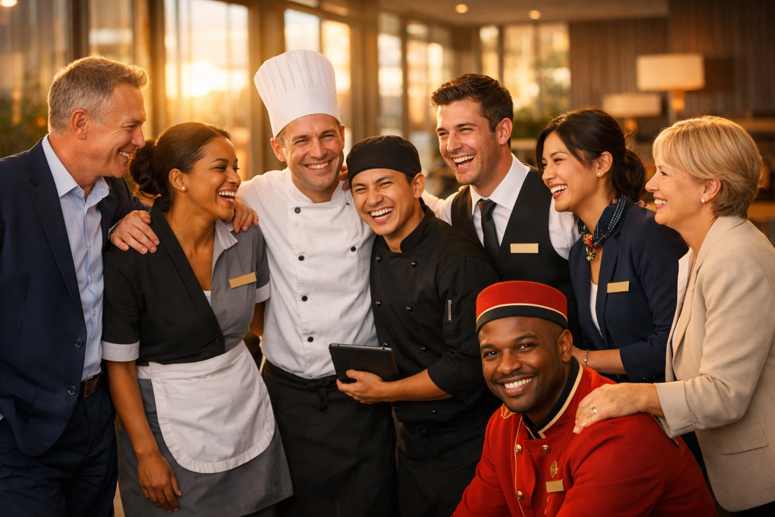 Diverse hospitality team collaborating in modern hotel lobby showcasing workplace culture