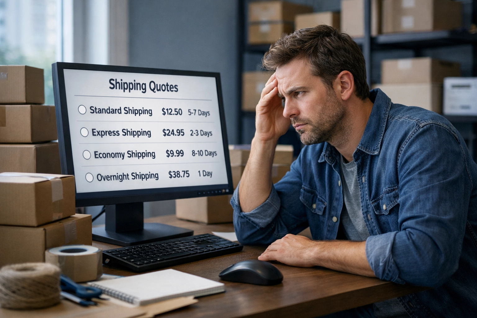 Business owner comparing cheapest parcel delivery quotes surrounded by packages at desk