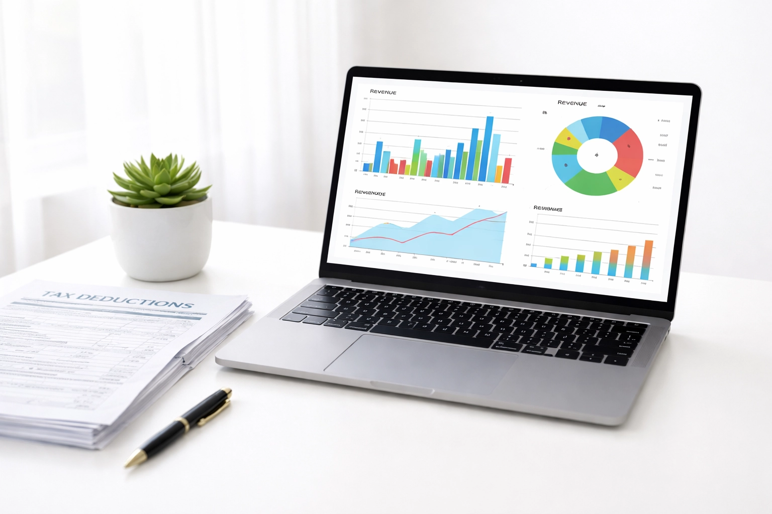 Laptop with charts, tax documents, and pen showing organization for reviewing 2026 tax deductions