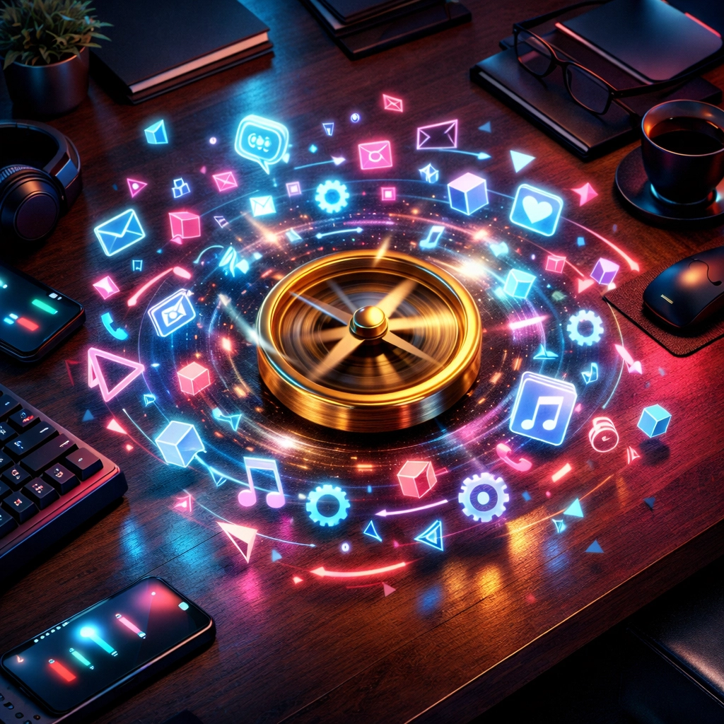 Are You Making These Common AI Automation for Small Business Mistakes? 2 A spinning compass and digital icons representing the mistake of AI automation without a business strategy.