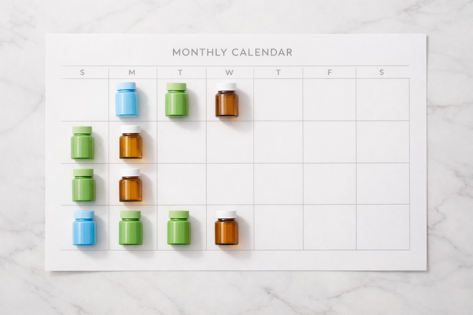 Monthly calendar with supplement bottles showing on-off cycling schedule for health routine planning