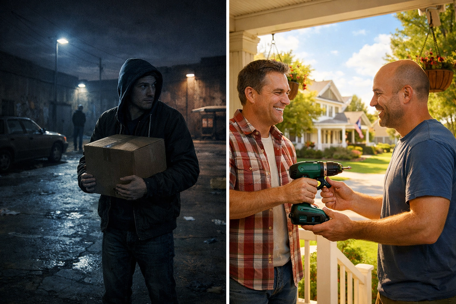 Comparison of sketchy Craigslist parking lot meeting versus safe neighbor-to-neighbor rental exchange