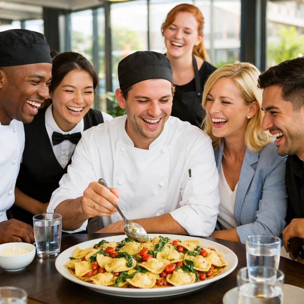 Hospitality team members sharing a platter of ravioli in a bright, modern restaurant lounge.