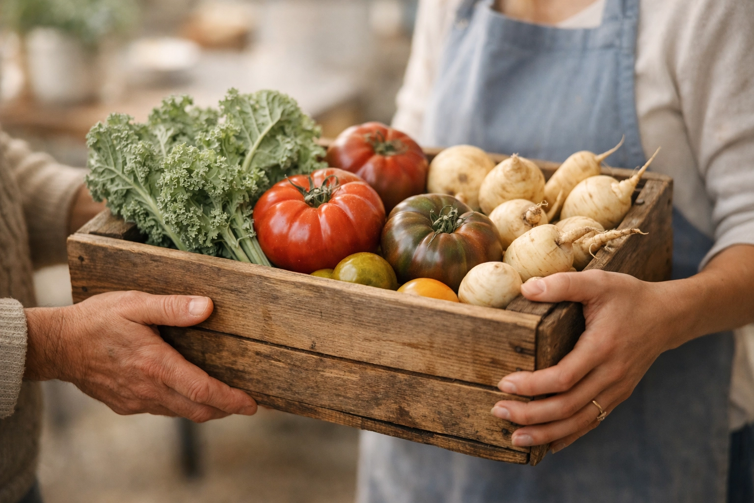 Hands holding a crate of fresh vegetables for the Affordable Journey Tax community food outreach program.