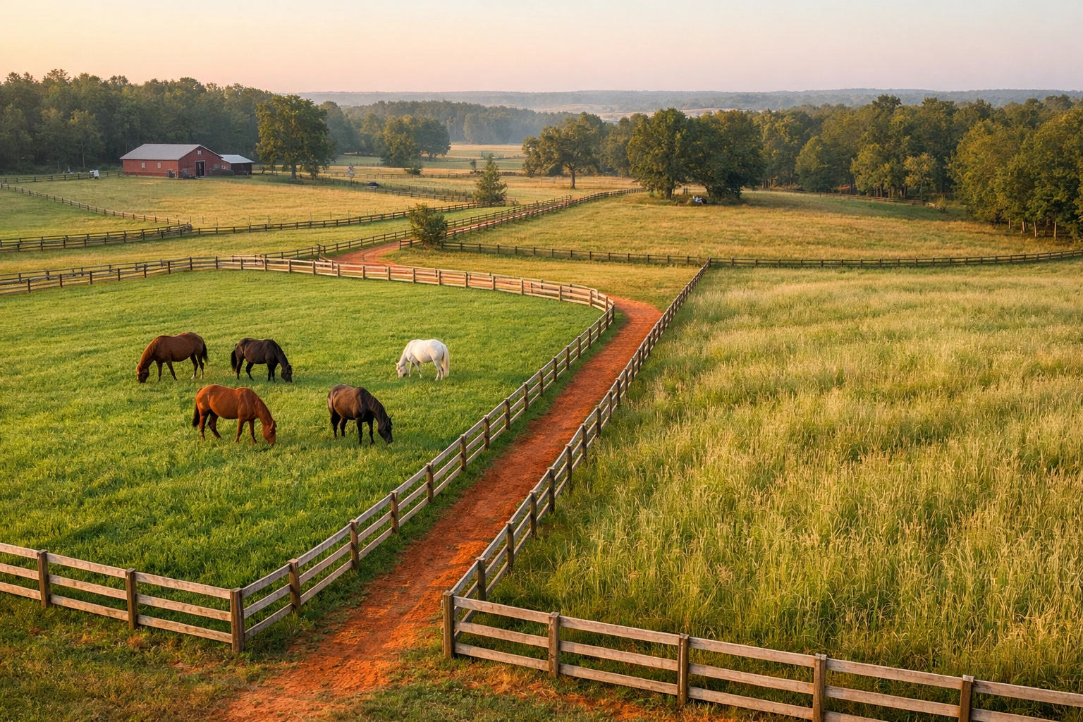 Rotational grazing paddocks on North Carolina horse farm with horses grazing