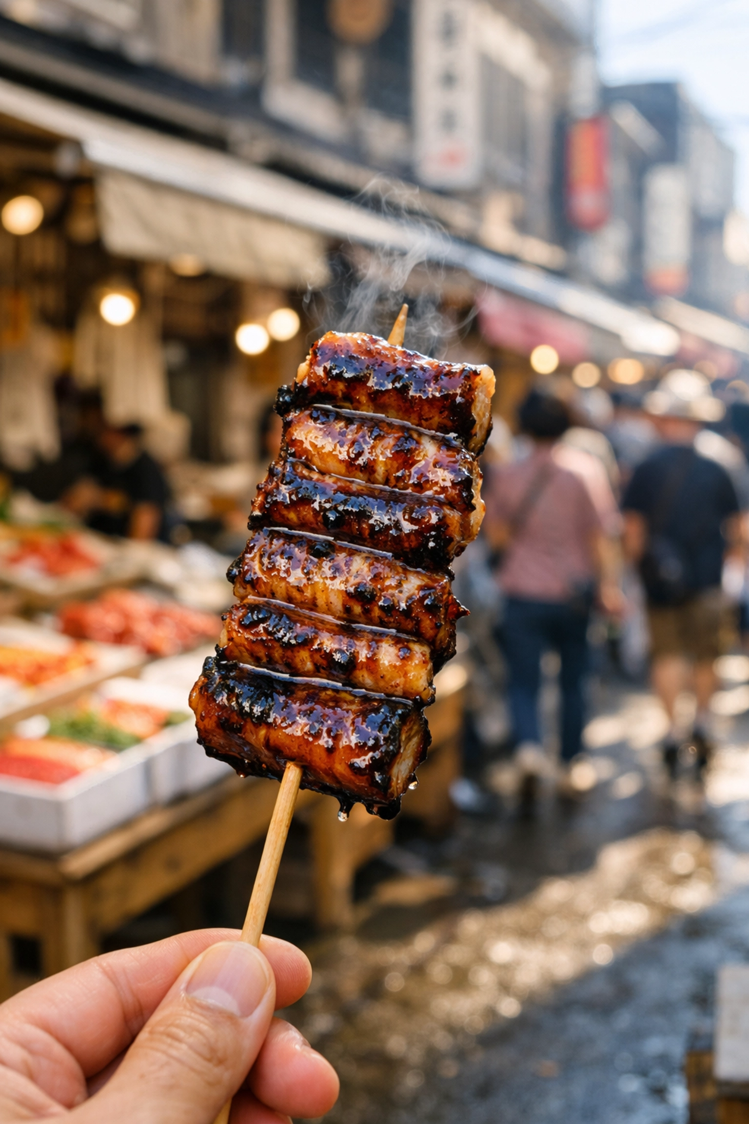 Grilled unagi skewer at Tsukiji Outer Market, a top Tokyo food photography spot.