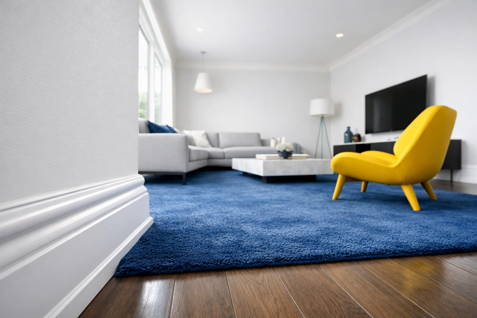 Modern minimalist living room with clean white baseboards and professional home maintenance.