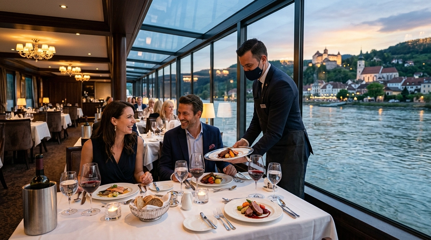 Gourmet multi-course dinner served in a glass-walled dining room