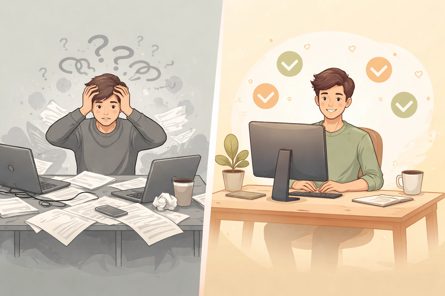 Side-by-side scenes showing chaos in a multi-platform office vs. calm productivity with a unified business management platform.