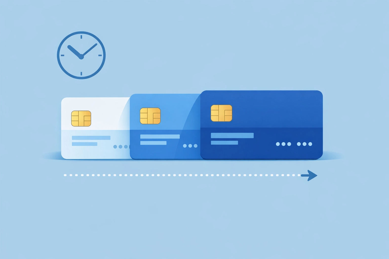 Tarjetas de crédito y reloj simbolizando la antigüedad del historial crediticio para subir el score.