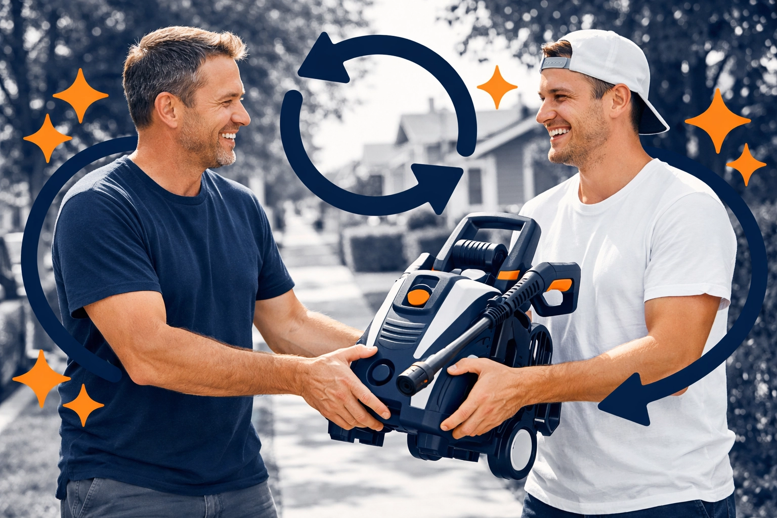 Neighbor renting a pressure washer to a friend, showcasing the Chartrflex peer-to-peer sharing economy.
