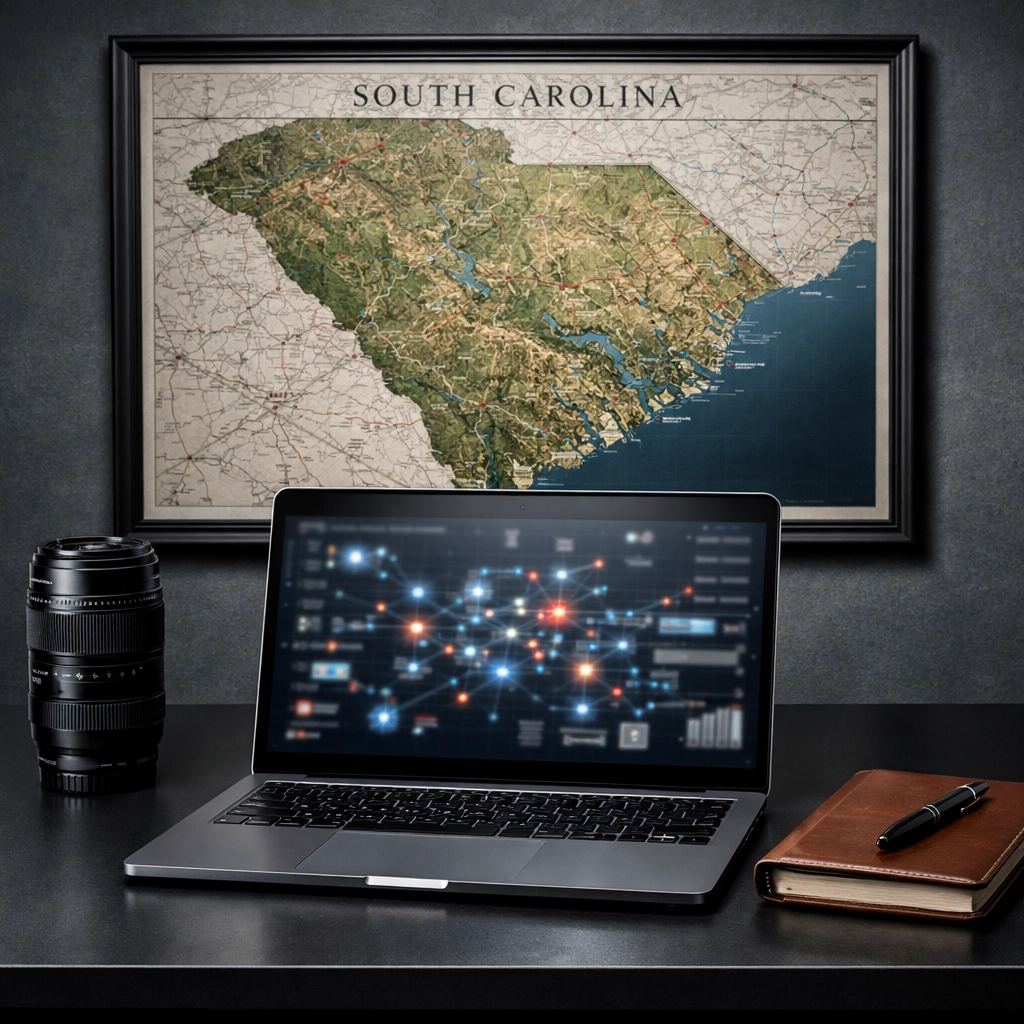 Private investigator workspace in South Carolina featuring investigative tools for statewide background checks.
