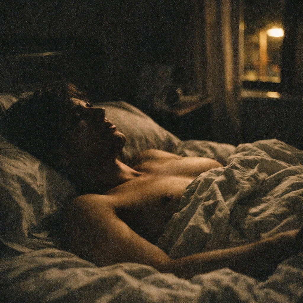 Person in bed after orgasm experiencing post-nut clarity and submission vulnerability