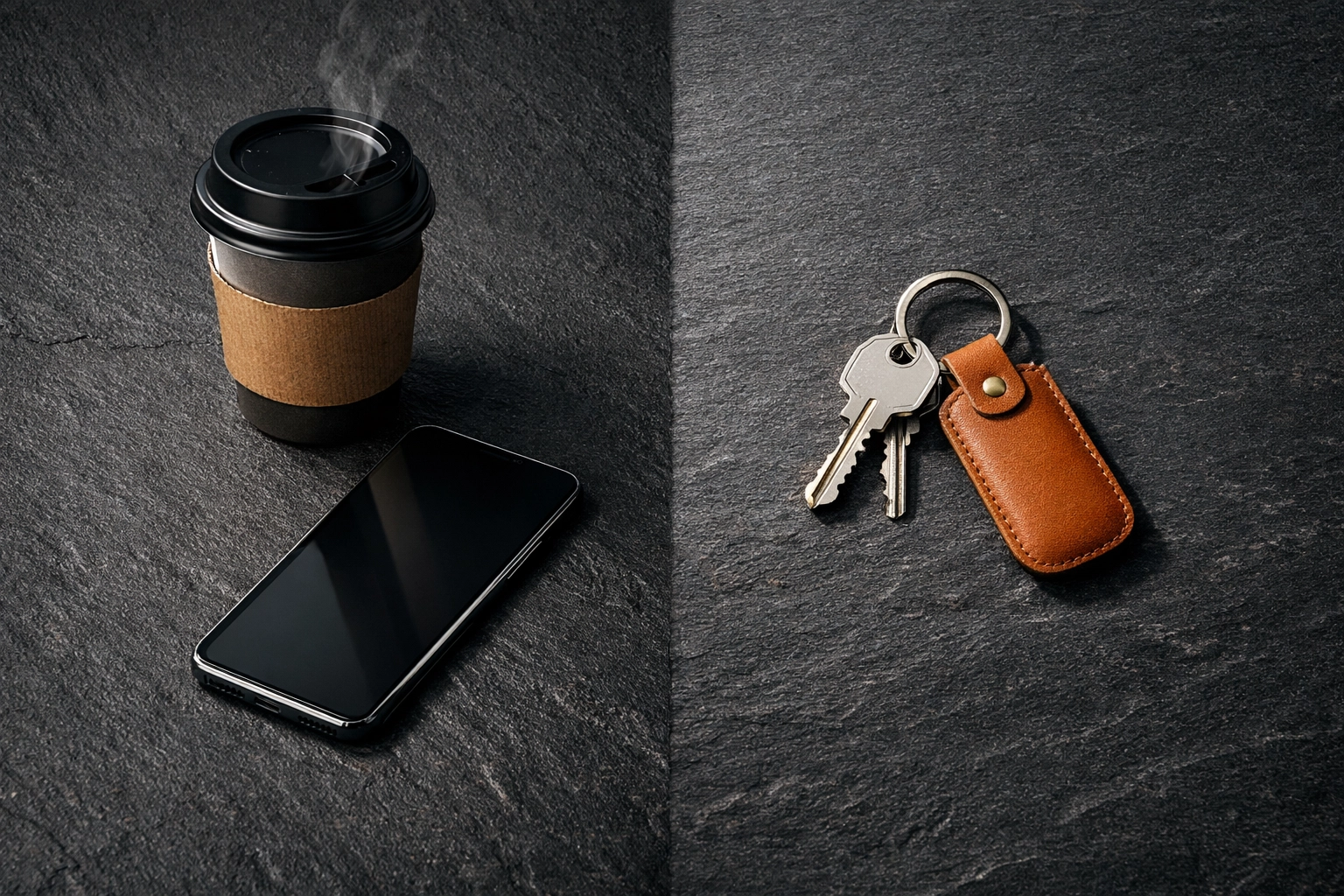 Comparison of a takeaway coffee and phone next to house keys, highlighting affordable protection insurance.