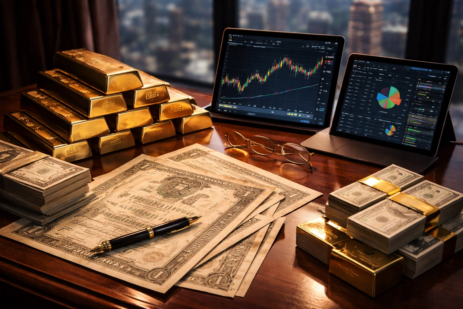 Stacked gold bars, vintage bonds, and digital charts symbolize credit strategies in private equity portfolios.