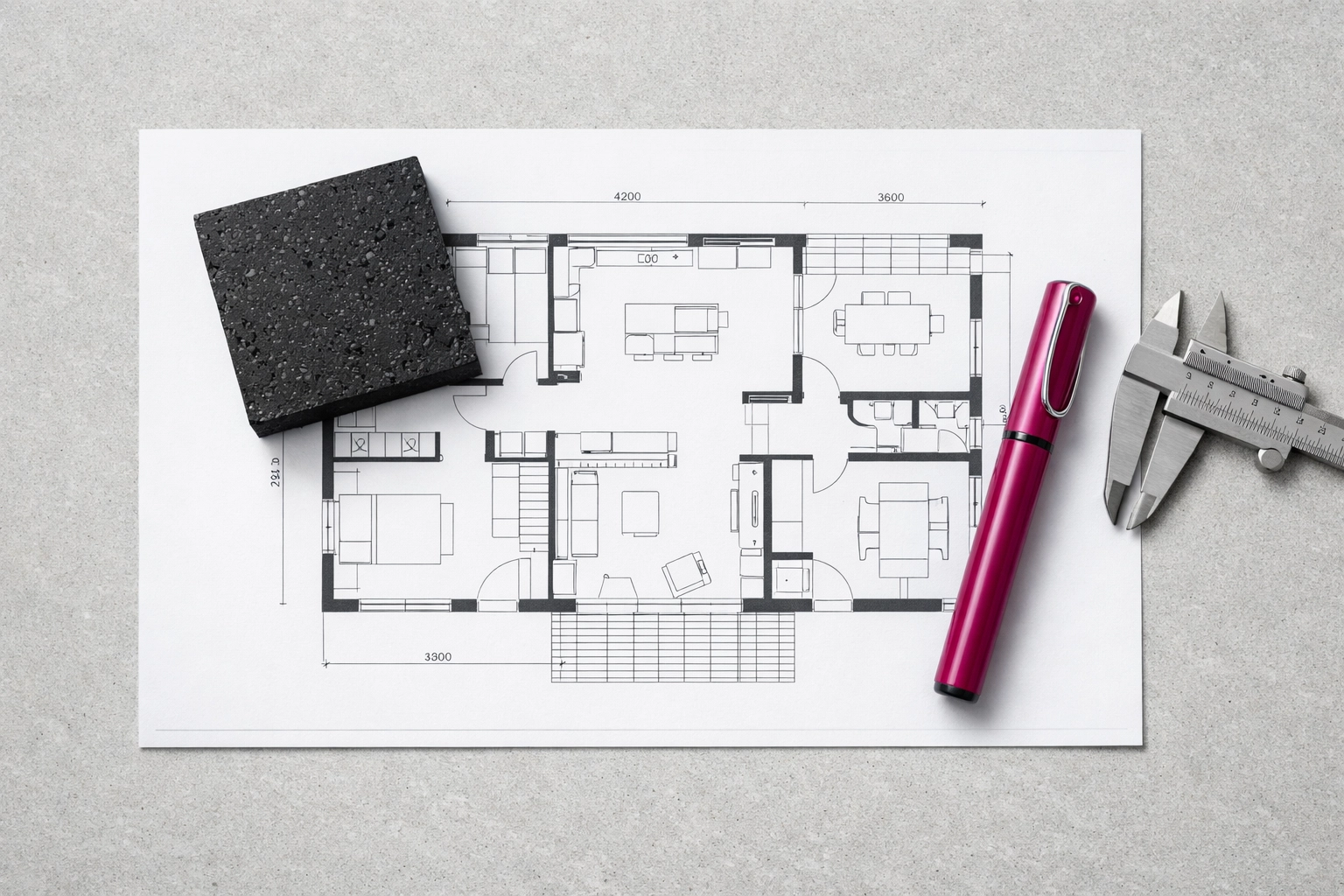 Architectural floor plan and recycled plastic panel sample for sustainable project procurement.