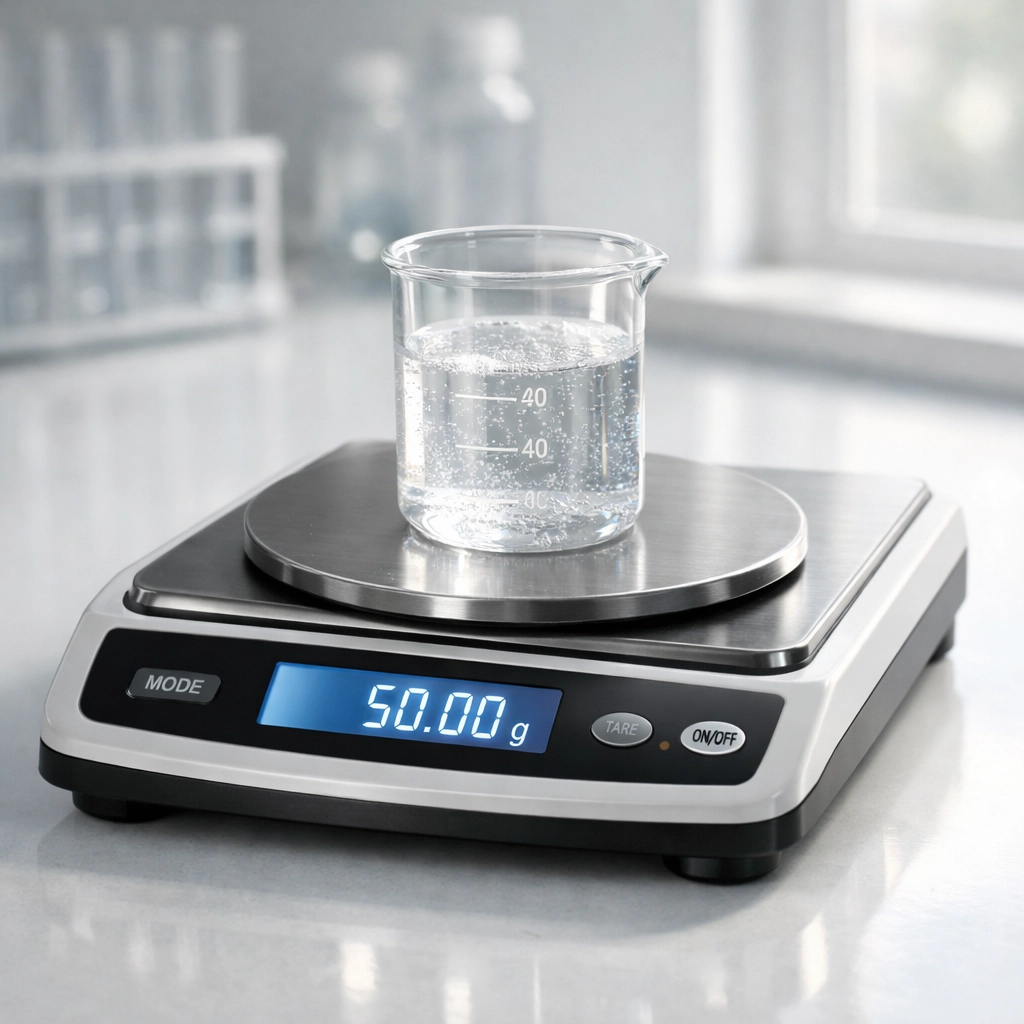 Precision laboratory scale and beaker showing clear research peptide solution for metabolic weight loss studies.