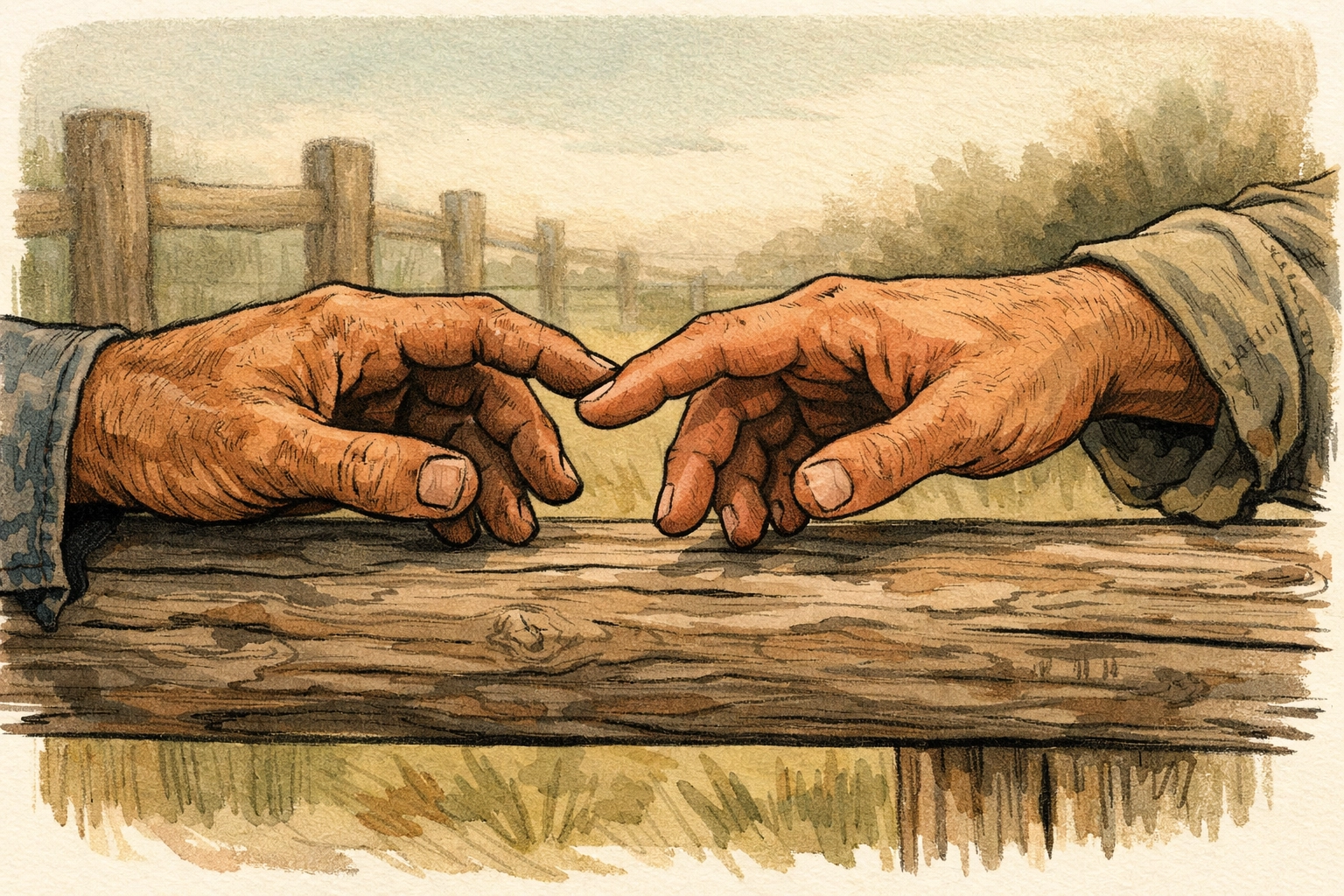 Ranch hands' weathered fingers nearly touch across wooden fence - secret cowboy love story