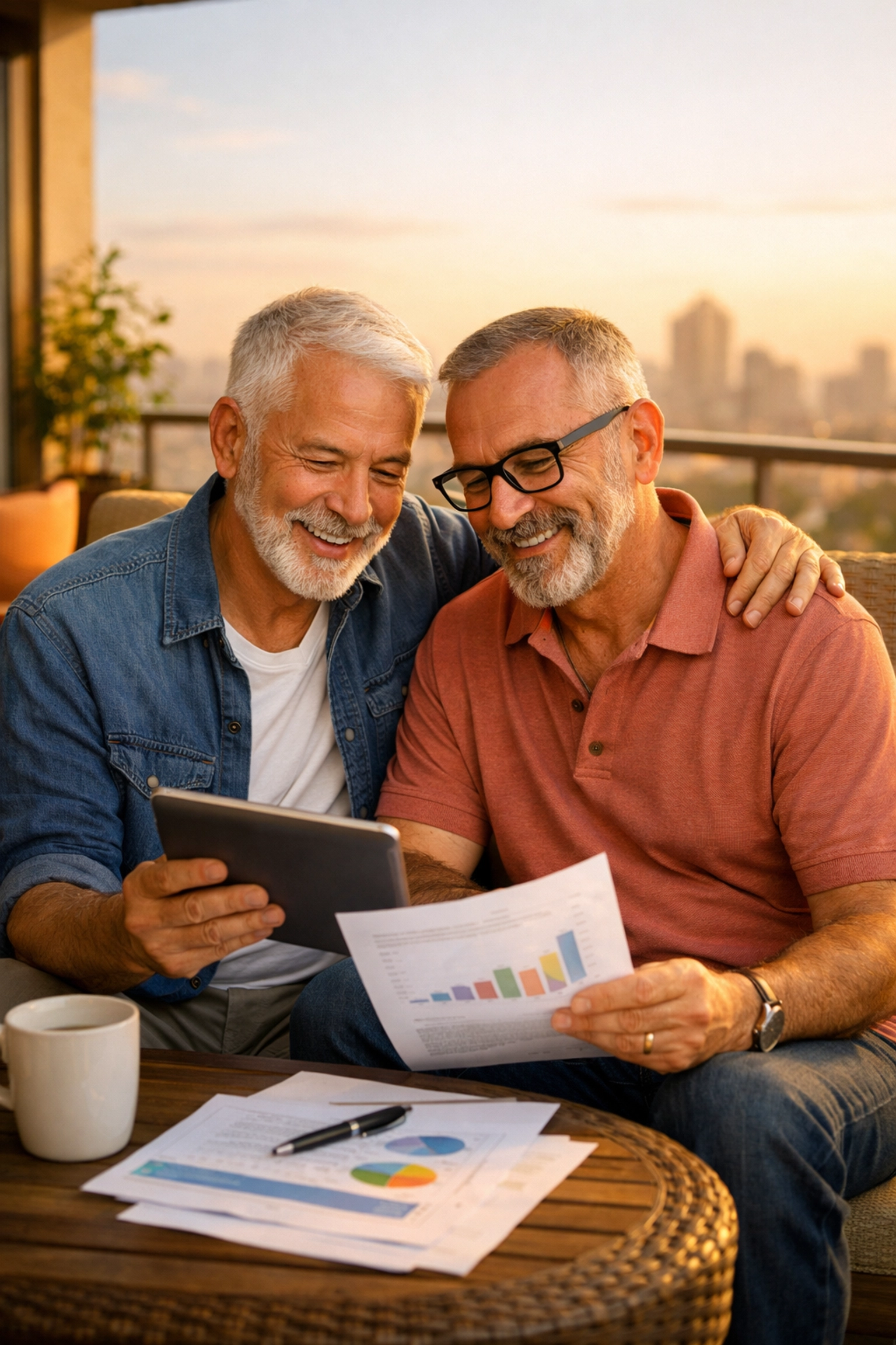 Older gay couple reviewing financial documents on a balcony, planning for an LGBTQ+ retirement.
