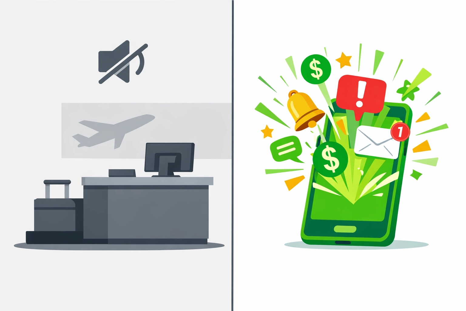 Silent airline counter versus active smartphone showing automatic flight price drop alerts