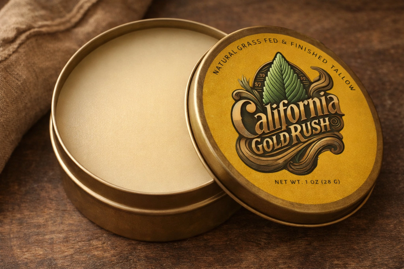 California Gold Rush balm featuring vintage-inspired gold design