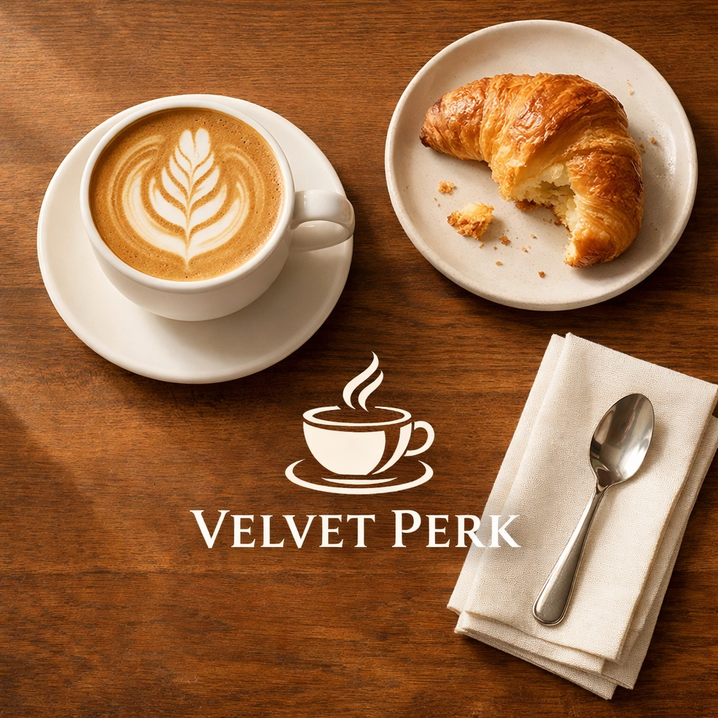 Coffee and croissant on cafe table demonstrating coffee shop etiquette for remote workers